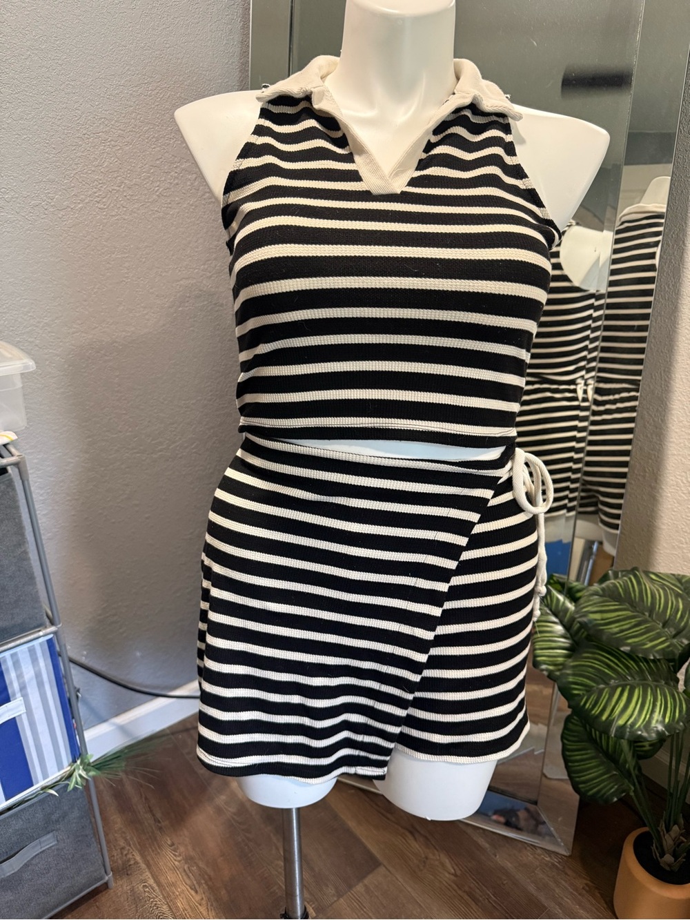 Kirious Black and White Striped Knit Wrap Mini Skort